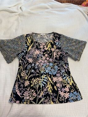 Calvin Klein Floral Round Neck Mixed Print Top — Pastel Blooms on Black